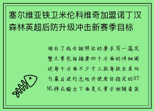 塞尔维亚铁卫米伦科维奇加盟诺丁汉森林英超后防升级冲击新赛季目标